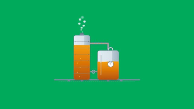 Petroleum refinery oil storage tank with distillation tower boiling crude and releasing steam in seamless looping animation on green screen chroma key backdrop