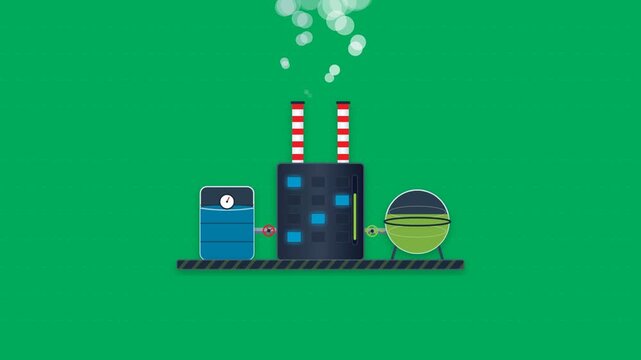 Petroleum refinery factory with oil tanks and tall chimneys emitting rising smoke bubbles in continuous loop on solid green background in flat 2D vector graphic animation style