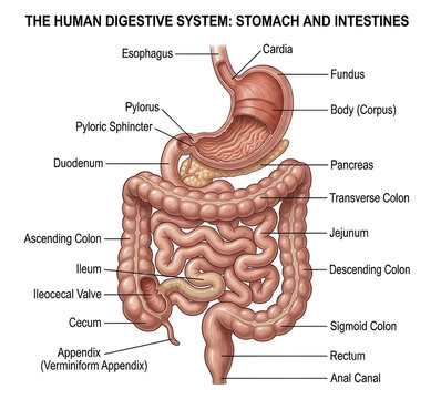 Medical illustration of the human digestive system showing the stomach, small intestine, large intestine, esophagus, and major surrounding abdominal organs.