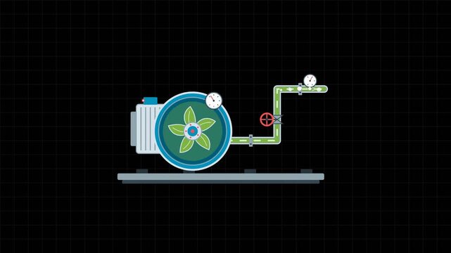 Petroleum centrifugal pump circulating crude oil through industrial pipeline with rotating turbine and pressure gauges on black background in 2D animation loop