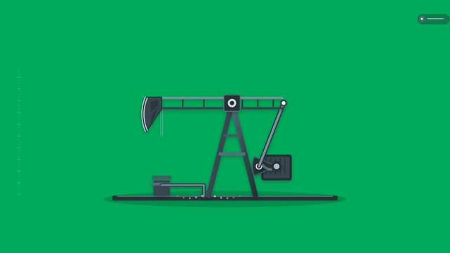 Petroleum oil pumpjack nodding donkey rig extracting crude oil in continuous pumping motion isolated on chroma key green screen background in flat 2D vector animation style