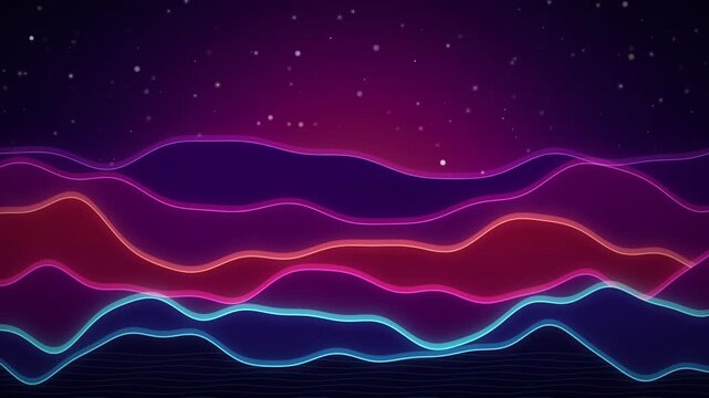 Neon Wave Motion Graphic with Glowing Abstract Frequency Lines on a Dark Starry Background