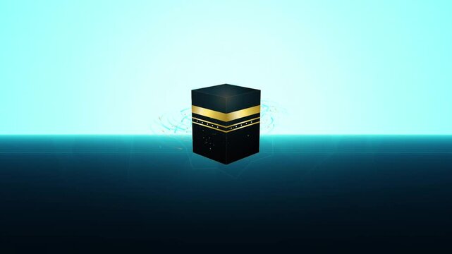 3D Kaaba Illustration with Glowing Golden Bands and Particles against a Bright Cyan Background