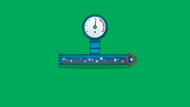 Industrial petroleum pipeline pressure gauge dial needle fluctuating with fluid flowing inside pipe on green screen backdrop in 2D vector animation loop