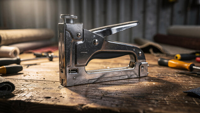 metal staple gun standing on a wooden workbench surrounded by tools and rolls of fabric