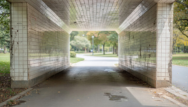 tiled pedestrian underpass tunnel with a view of a green park at the end