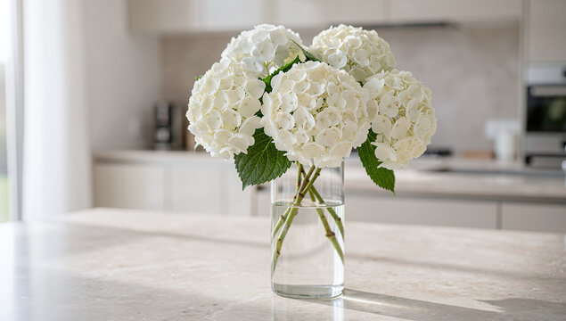 white hydrangea flowers in a clear glass vase standing on a countertop in a kitchen