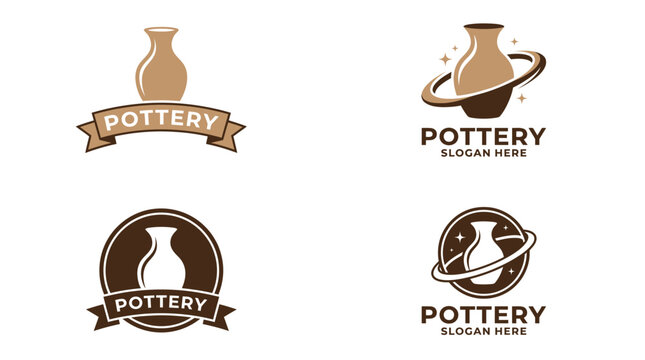 Minimalist brown clay pottery vase logo collection featuring elegant ribbon and circular badge design elements