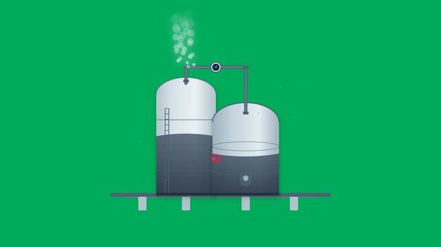 Industrial petroleum refinery storage tanks emitting vapor smoke from chimney pipe in seamless loop on green screen background minimal flat 2D vector animation