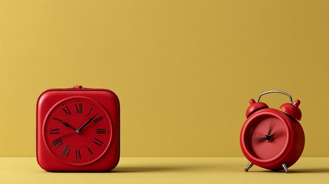 Small red travel alarm clock panicked with hands spinning fast on pastel yellow background