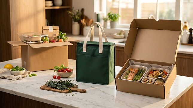 Sustainable meal kit delivery, fresh ingredients in eco-friendly packaging. Healthy food subscription box, convenient home cooking solutions. Organic produce and prepared meals for modern
