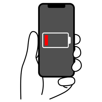 バッテリーの残量が少ない表示のスマートフォンを持つ手