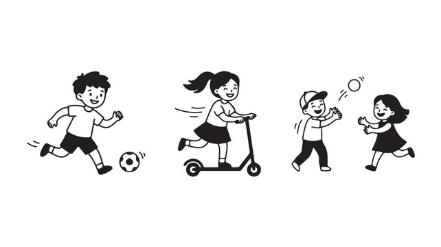 Cute kids playing vector illustration with running, scooter, and ball games