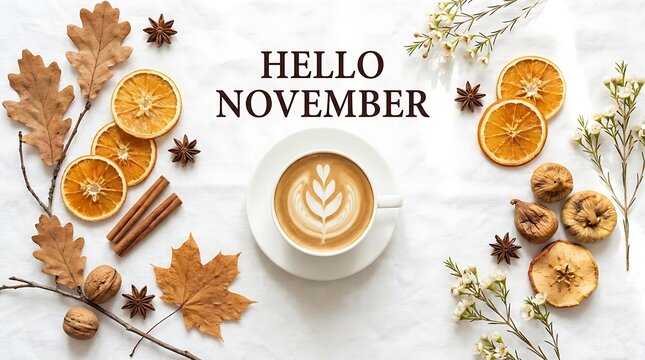 Hello november coffee flat lay isolated on white background