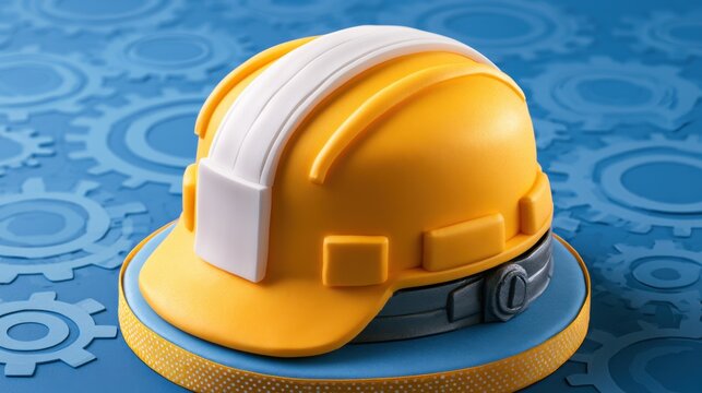 Detailed close-up of a yellow protective construction helmet with white accent resting on blue surface with gear pattern background