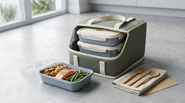 Modern insulated lunch bag with two stackable meal prep containers, a healthy salmon and vegetable lunch, and reusable wooden cutlery set, perfect for office, school, or picnic meals.
