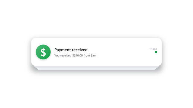 Payment received push notification popup, modern UI alert banner, flat design, transparent background