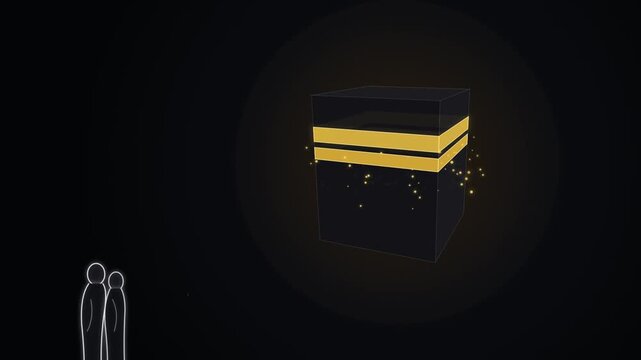 Minimalist 3D Kaaba Animation with Golden Glow Particle Effects for Religious Muslim Festivals