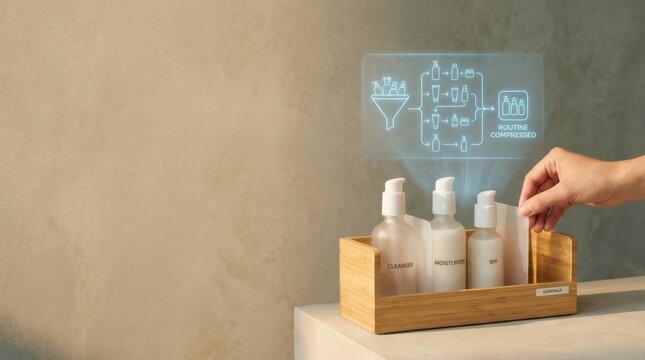 Person's hand touching a bottle of lotion from a compact three-slot organizer for simplified low-consumption skincare