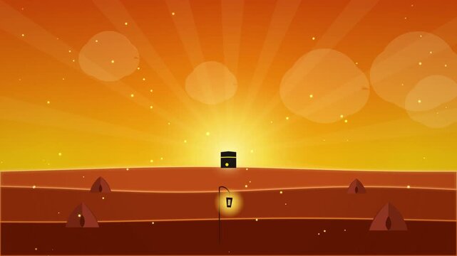 Minimalist Kaaba Sunset Illustration with Desert Landscape and Hanging Lantern Motion Graphic