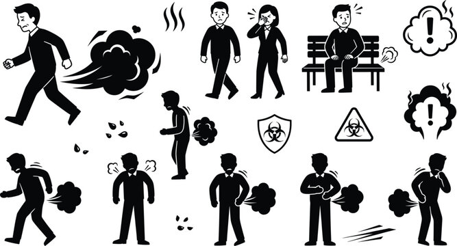 Farting and flatulence icon set vector silhouettes representing stomach bloating digestive system health issues and embarrassing gas
