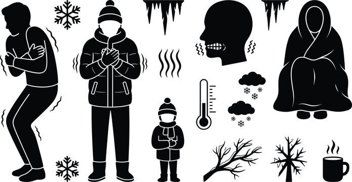 Freezing winter cold weather icon set vector silhouettes representing shivering people frostbite hypothermia and seasonal low temperature