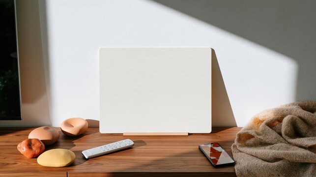 Blank oatmeal card mockup standing on a walnut console with a cozy wool throw and streaming accessories, featuring copy space for branding
