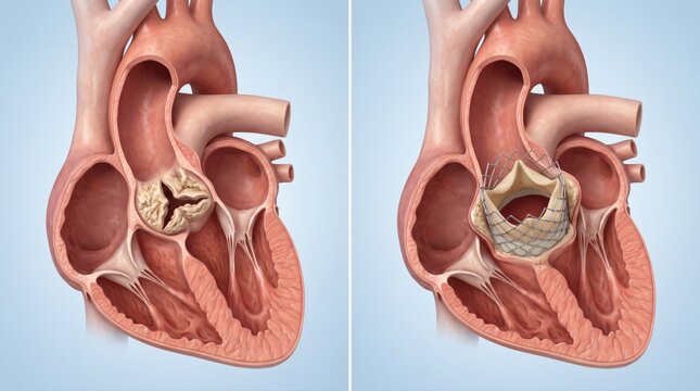 Aortic stenosis shown before and after valve replacement in premium clinical CGI with narrowed native valve versus restored opening on a clean pale blue cardiology background.