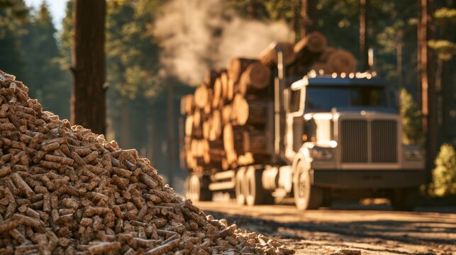 Pile of wood pellet biomass fuel with blurred logging truck carrying timber in forest sawmill industry yard at sunset