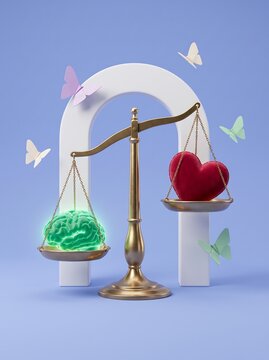 Balance Scale with Brain and Heart for World Mental Health Day 3D Render