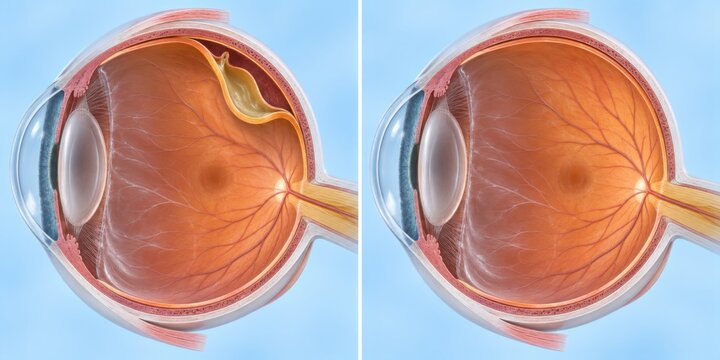 Retinal detachment shown before and after surgical repair in premium clinical CGI with separated versus reattached retina on a clean pale blue ophthalmology education background.