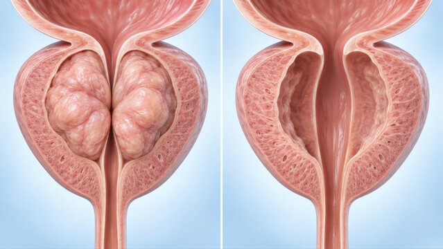 BPH shown before and after surgical treatment in premium clinical CGI with urethral compression versus restored urinary channel on a clean pale blue urology education background.