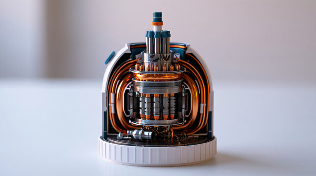 Educational cutaway model of a nuclear power plant reactor core on a bright clean scientific background, internal cooling systems and containment structure shown clearly, energy en