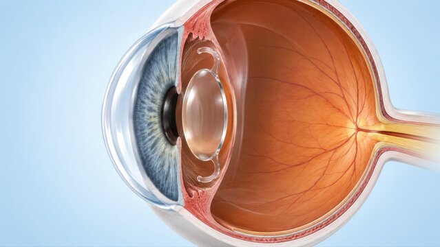 Intraocular lens shown implanted inside the eye after cataract surgery in premium clinical CGI on a clean pale blue background for clear ophthalmology education.