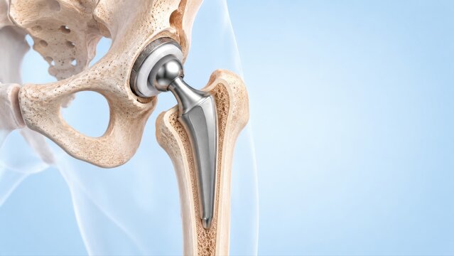 Total hip replacement shown integrated with socket and femur in premium clinical CGI on a clean pale blue background for orthopedic patient education.