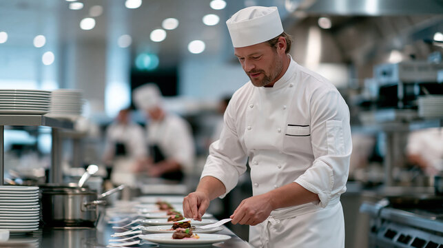 A restaurant kitchen with tickets arranged in a clear sequence on a rail, chef working through them in order, organized culinary workflow, clean and efficient
