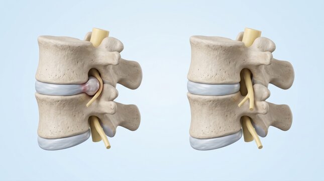 Lumbar disc herniation shown before and after discectomy in premium clinical CGI with nerve compression versus restored canal space on pale blue spine surgery background.