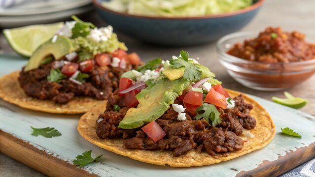 Delicious ground beef tinga tacos served with avocado and fresh toppings in a cozy kitchen setting