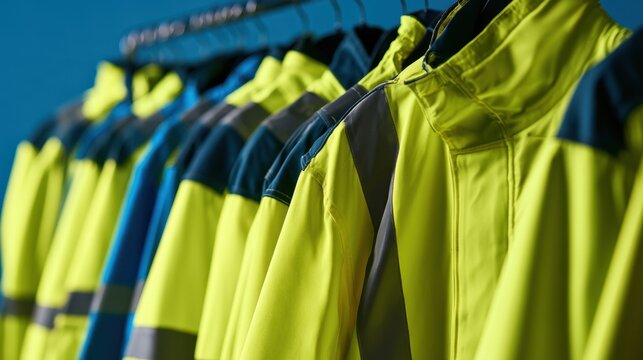 Close-up of hanging high visibility safety jacket on hanger with reflective stripes in soft focused background