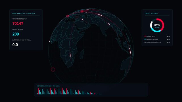 Cyber attack map with global threats data traffic, for digital security, network monitoring, information technology, global connectivity, infrastructure protection
