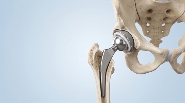 Total hip replacement shown integrated with socket and femur in premium clinical CGI on a clean pale blue background for clear orthopedic patient education.