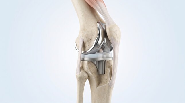 Total knee replacement shown integrated with joint anatomy in premium clinical CGI with clear implant to bone relationship on a clean pale blue orthopedic background.