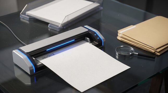 Modern document scanner, high-speed office equipment for digital archiving. Efficient paperless workflow solution, business technology for data management.
