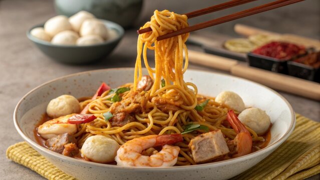Hokkien mee tossed with prawns and pork served in a bowl with chopsticks at a dining table