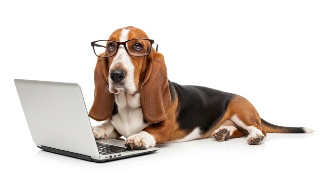 A basset hound is lying down and using a laptop. The dog is wearing glasses and appears to be working on the computer.