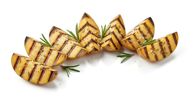 Grilled potato wedges are arranged on a white surface. The wedges are cut into shapes and have a crosshatch grill pattern.
