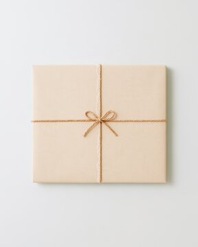 Eco friendly packaging with a jute twine ribbon bow on a kraft paper box, featuring a matte fibrous texture and copy space for a mockup template