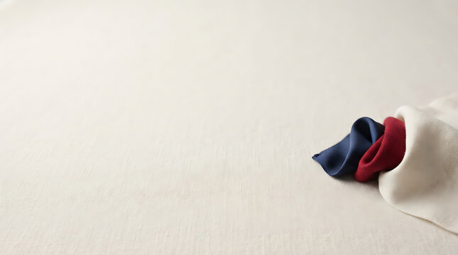 Handcrafted folded silk fabric in red white and blue on a neutral linen background textile detail