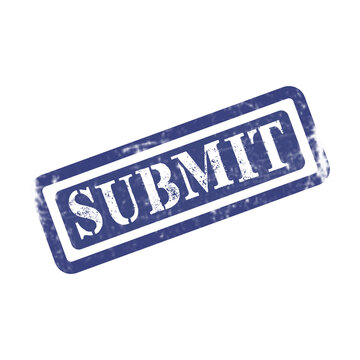 Blue ink rubber stamp with the word submit inside a rectangular frame for office and business paperwork tasks