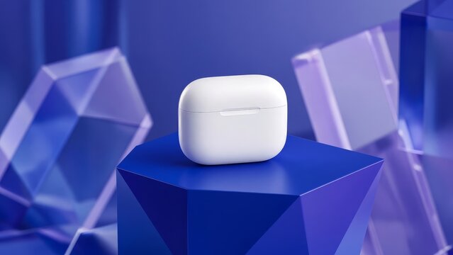White wireless earbud charging case rests on a blue geometric pedestal with blurred crystal accents in the background.
